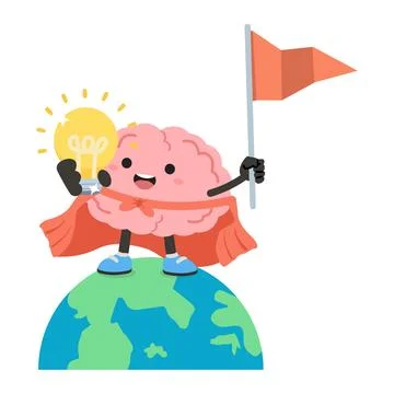 Brain Character Holding Light Bulb And Flag On Earth Stock Illustration