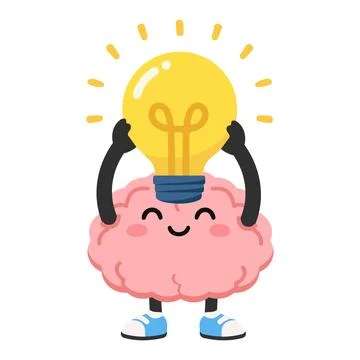 Brain Character Holding Light Bulb Illustration Illustrazione stock