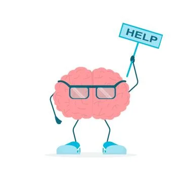 Brain Character Holding Sign Help Standing On White Background, Illustration 库存插图