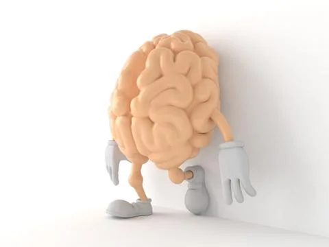 Brain character leaning on wall on white background Stock Illustration