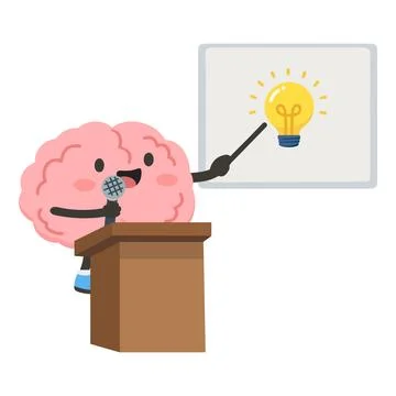 Brain character presenting creative idea on stage Illustrazione stock