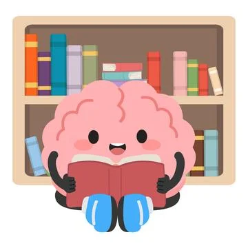 Brain character reading book near wooden shelf Stock-Illustration