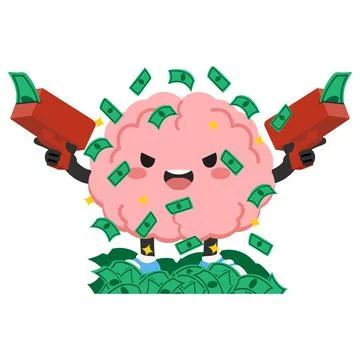 Brain character shooting banknotes from red money guns Stock Illustration