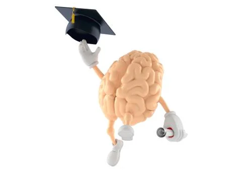 Brain character throwing mortar board Stock Illustration