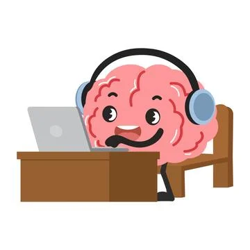 Brain Character Wearing Headset Using Laptop Illustrazione stock