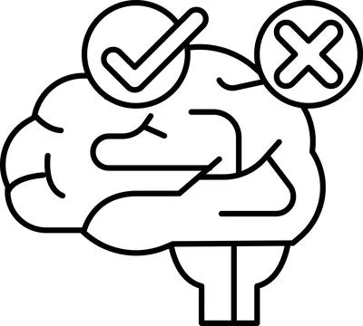 A brain with a check mark on it and an X on the right side Illustrazione stock