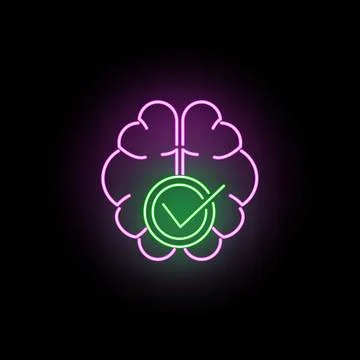 Brain with check mark neon sign indicating approval Stock Illustration