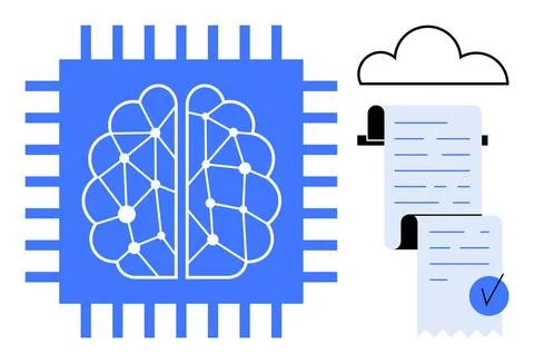 Brain on Chip with Cloud Data Storage and Document Analysis Themes Stock Illustration