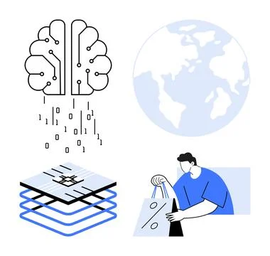 Brain with circuits, processing data, layered tech stack, globe, person with  Stock Illustration
