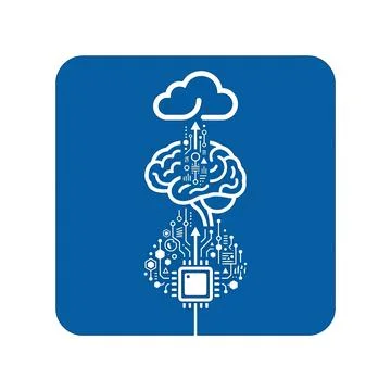 Brain cloud computing circuit connection icon blue box for server data arch.. Stock-Illustration