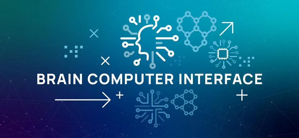 Brain Computer Interface BCI icons show a human head connected to chip Illustrazione stock
