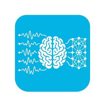 Brain computer interface icon with neural network and signal waves on blue .. 库存插图