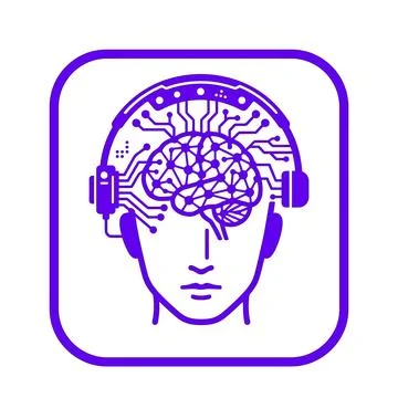 Brain computer interface purple icon with head and headset. Stock Illustration