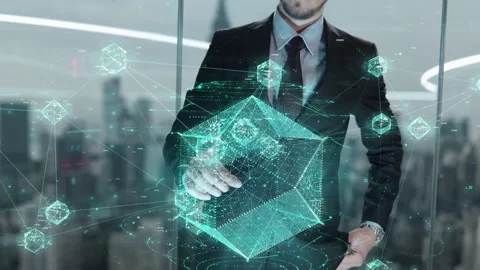 Brain-computer interfaces- businessman working with virtual reality at office. Stock Footage 255113702