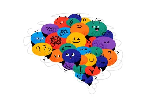 Brain concept made of cute cartoon speech bubble characters with diverse em.. Stock Illustration