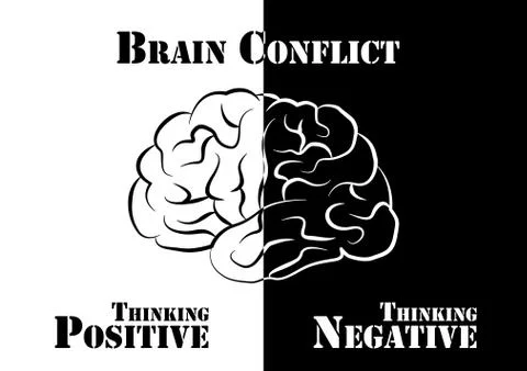 "brain conflict"  the human have both positive and negative thinking. Stock Illustration