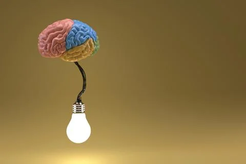 Brain connected to bulb glowing placed in isolation, 3D render Stock Illustration