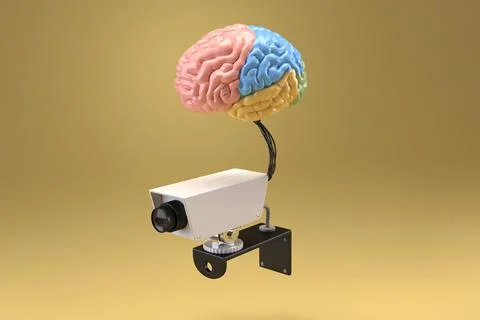 Brain connected to cam recorder placed in isolation, 3D render Stock Illustration