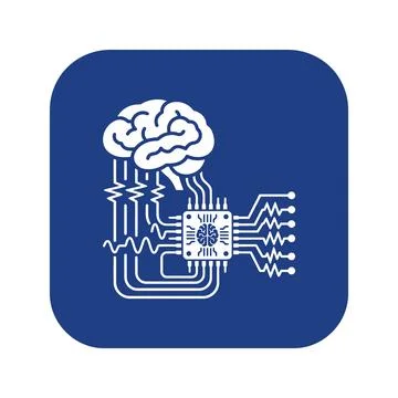 Brain connected to computer chip with data signals on blue background. イラスト素材