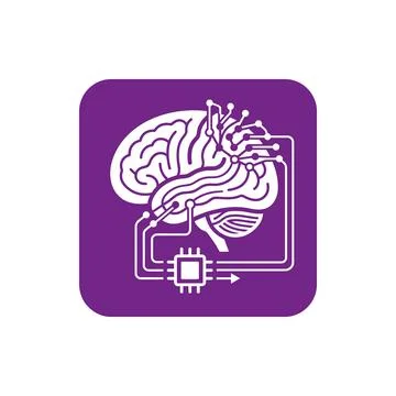 Brain connected to computer chip illustrating neural network on purple. Stock Illustration