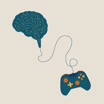 Brain connected to the controller joystick. Game time. Brain games. Stock vector Illustrazione stock
