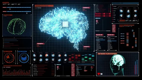Brain connected CPU chip circuit in digital display, artificial intelligence Stock Footage 69112001