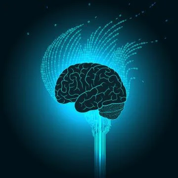 Brain is connected to the electronics emits binary streams in form of a flame Stock Illustration