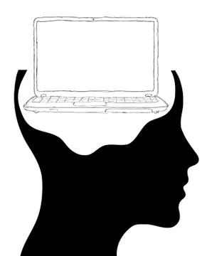 Brain connected to a laptop computer - isolated over a white background Stockillustratie