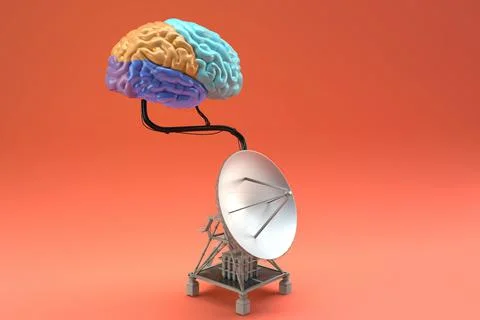Brain connected to a satellite placed isolation,3D render Stock Illustration