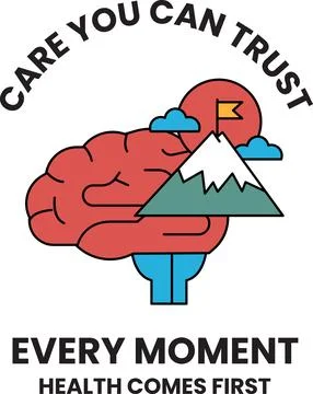 Brain cradles mountain with flag, clouds above Stock Illustration