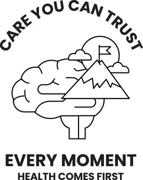 Brain cradles mountain with flag, clouds above Stock Illustration