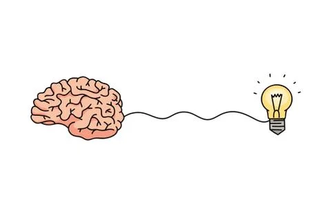 Brain creating an idea - cartoon hand drawn icon connected to light bulb symbol Stock Illustration