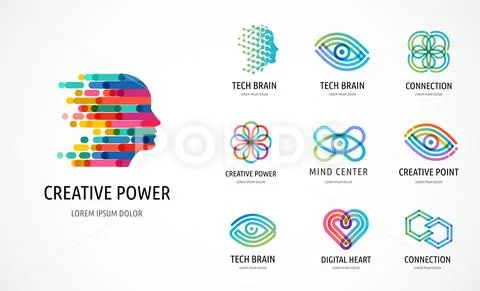 Brain, Creative mind, learning and design icons, logos. Man head ...