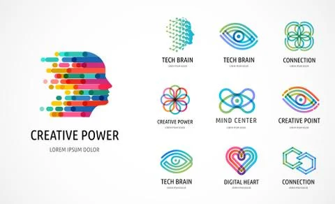 Brain, Creative mind, learning and design icons, logos. Man head, people symbols 스톡 일러스트