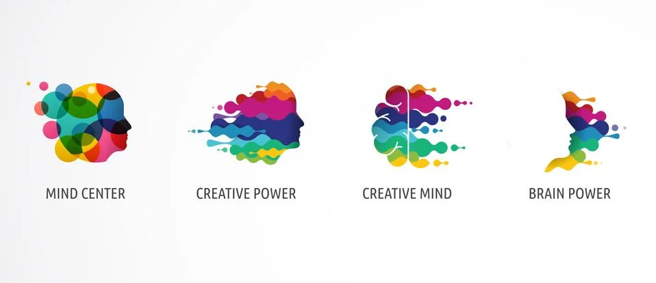 Brain, Creative mind, learning and design icons, logos. Man head, people symbols Stock Illustration