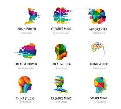 Brain, Creative mind, learning and design icons, logos. Man head, people symbols Illustrazione stock