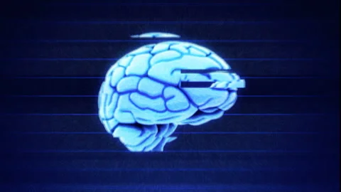 Brain damaged by glitches on blue background with distortion textures bad video Stock-Footage 252533082