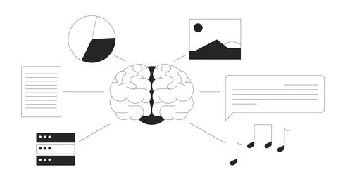Brain with data input sources line illustration concept Stock Illustration