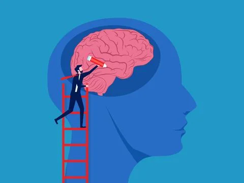 Brain development. A businessman uses a pencil to draw jagged lines in the br Stock Illustration