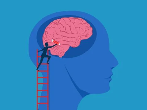 Brain development. man uses a pencil to draw jagged lines in the brain Illustrazione stock