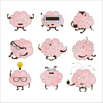 Brain Different Activities And Emotions Icon Set Illustrazione stock