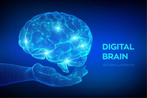 Brain. Digital brain in hand. 3D Science and Technology concept. Neural netwo Stock Illustration