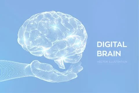 Brain. Digital brain in hand. 3D Science and Technology concept. Neural netwo Stock Illustration