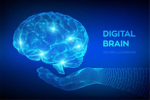 Brain. Digital brain in hand. 3D Science and Technology concept. Neural netwo Stock Illustration