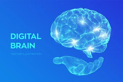 Brain. Digital brain in hand. 3D Science and Technology concept. Neural netwo Stock Illustration