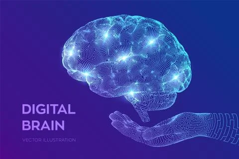 Brain. Digital brain in hand. 3D Science and Technology concept. Neural netwo Stock Illustration