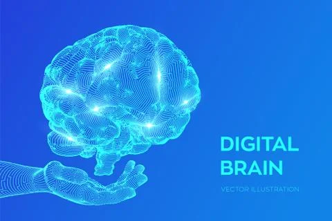 Brain. Digital brain in hand. 3D Science and Technology concept. Neural network Stock Illustration