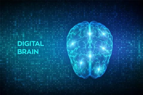 Brain. Digital brain on streaming matrix digital binary code background. 3D S Stock Illustration