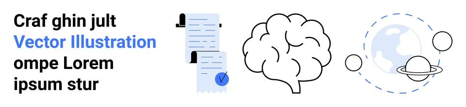 Brain, document with checkmark, and planetary system graphics align with text Illustrazione stock