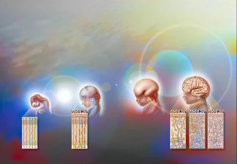 Brain drawing Human brain development, from 8 week old fetus to 4 year old... Stock Photos